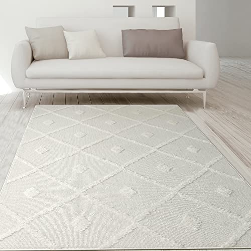 Antep Rugs Palafito 5x7 Geometric Shag Diamond High-Low Pile Textured Indoor Area Rug (White, 5'3" x 7'6")