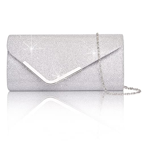 Larcenciel Silver Clutch Purses for Women, Shiny Sequin Envelope Clutch Evening Bag w/Chain, Fashion Shoulder Crossbody Handbags, Sparkly Party Prom Purse Bride Wedding Guest Clutch Dress Carry on Bag