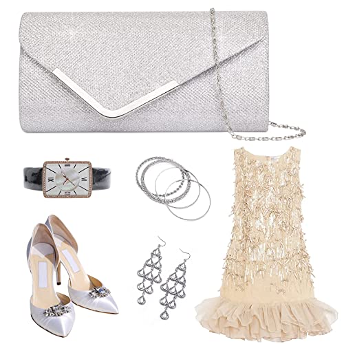 Larcenciel Silver Clutch Purses for Women, Shiny Sequin Envelope Clutch Evening Bag w/Chain, Fashion Shoulder Crossbody Handbags, Sparkly Party Prom Purse Bride Wedding Guest Clutch Dress Carry on Bag