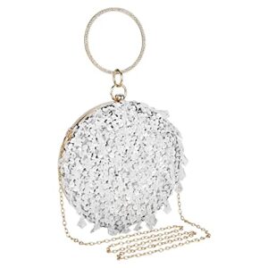tanpell womens evening bag round beaded clutch handbag sequins bridal wedding purse for cocktail party (silver)