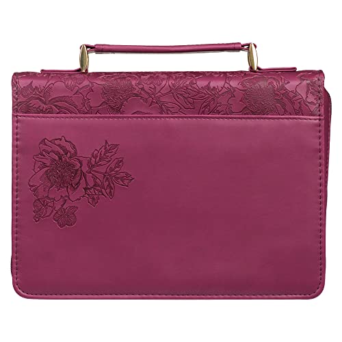 Christian Art Gifts Protective Maroon Floral Faux Leather Bible Cover Carry Case with Handle for Women: Walk by Faith - 2 Corinthians 5:7 Inspirational Bible Verse Zippered with Pocket, Medium