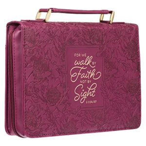 Christian Art Gifts Protective Maroon Floral Faux Leather Bible Cover Carry Case with Handle for Women: Walk by Faith - 2 Corinthians 5:7 Inspirational Bible Verse Zippered with Pocket, Medium