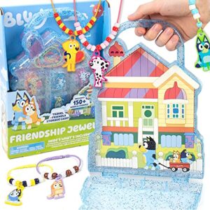 horizon group usa bluey friendship jewelry, create 4 bluey charm bracelets & 2 bluey charm necklaces, includes 150 beads & 6 rubber charms with bluey storage case, gifts for kids boys girls