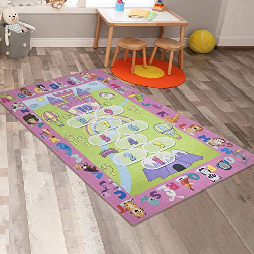 Ottomanson Machine Washable Wrinkle Free Hopscotch Princess Design Cotton 4x6 Kid's Area Rug for Playroom, Kid's Room, Bedroom, Kindergarten, 4' x 6', Pink