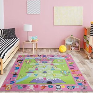 Ottomanson Machine Washable Wrinkle Free Hopscotch Princess Design Cotton 4x6 Kid's Area Rug for Playroom, Kid's Room, Bedroom, Kindergarten, 4' x 6', Pink