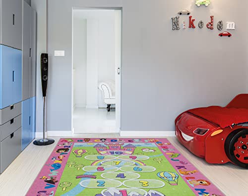 Ottomanson Machine Washable Wrinkle Free Hopscotch Princess Design Cotton 4x6 Kid's Area Rug for Playroom, Kid's Room, Bedroom, Kindergarten, 4' x 6', Pink