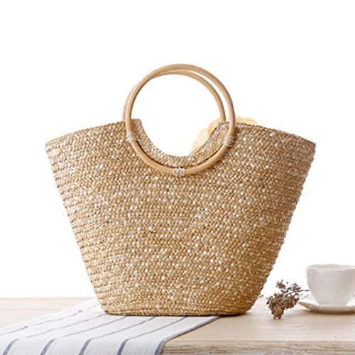 HBJE Beach Bags Women Totes Bags Handmade Knitting Large Straw Ladies Handbags Summer Flowers Rattan Woven Bag Purses,Beige