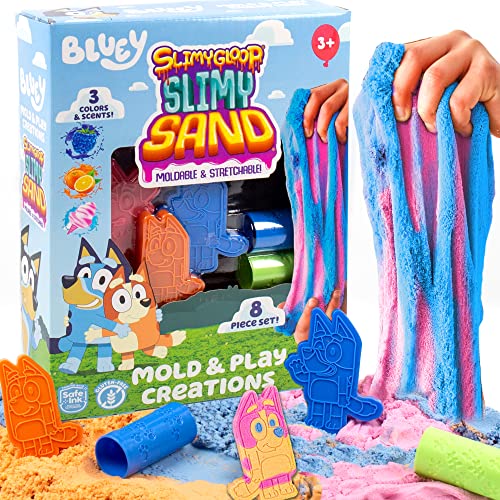 Horizon Group USA Bluey SLIMYGLOOP Slimy Sand Mold & Play Creations, 8-Piece Playset, 3 Scented Colors, Sensory Activity for Kids Ages 3, 4, 5, 6, 7, 8, Multi