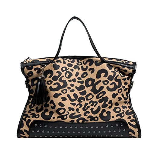 Oversized Leopard Purse,Women Studded Tote Handbags Animal Printing Punk Large Shoulder Bags Hobo Tassel Rocker Rivet Motorcycle Satchel