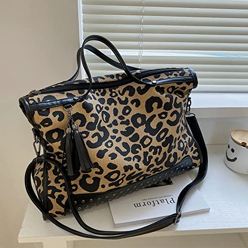 Oversized Leopard Purse,Women Studded Tote Handbags Animal Printing Punk Large Shoulder Bags Hobo Tassel Rocker Rivet Motorcycle Satchel