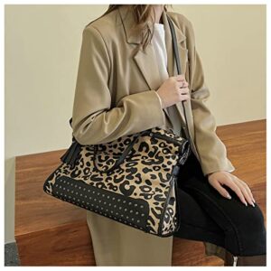 Oversized Leopard Purse,Women Studded Tote Handbags Animal Printing Punk Large Shoulder Bags Hobo Tassel Rocker Rivet Motorcycle Satchel