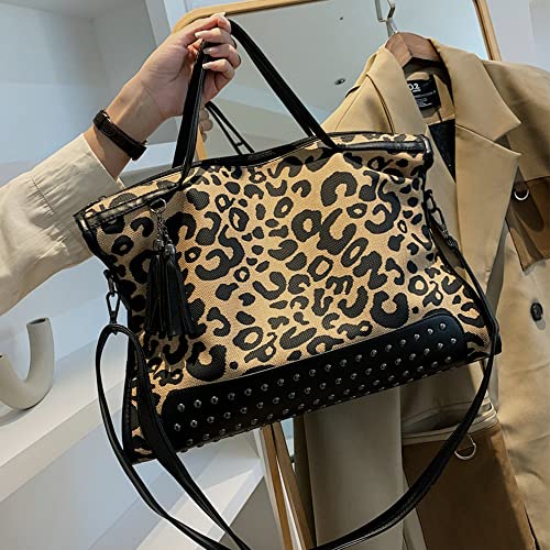 Oversized Leopard Purse,Women Studded Tote Handbags Animal Printing Punk Large Shoulder Bags Hobo Tassel Rocker Rivet Motorcycle Satchel