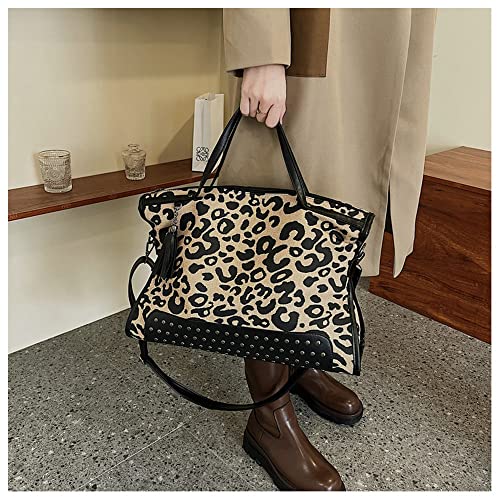 Oversized Leopard Purse,Women Studded Tote Handbags Animal Printing Punk Large Shoulder Bags Hobo Tassel Rocker Rivet Motorcycle Satchel