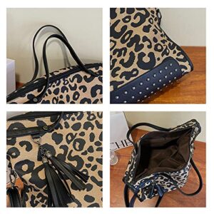 Oversized Leopard Purse,Women Studded Tote Handbags Animal Printing Punk Large Shoulder Bags Hobo Tassel Rocker Rivet Motorcycle Satchel