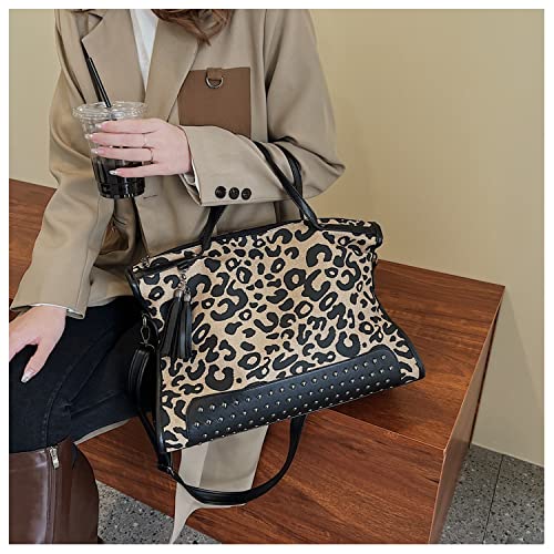 Oversized Leopard Purse,Women Studded Tote Handbags Animal Printing Punk Large Shoulder Bags Hobo Tassel Rocker Rivet Motorcycle Satchel