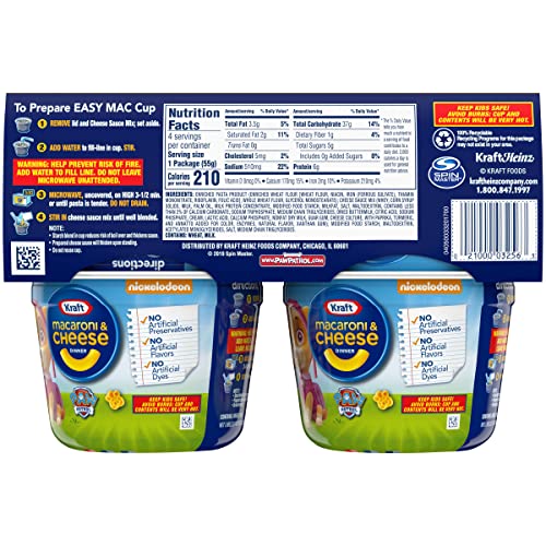 Kraft Macaroni & Cheese Paw Patrol Shapes Dinner 1.9 oz Cups, 4 Count(Pack of 1)