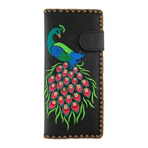 skelapparel divine peacock peacock feather embroidery vegan large flat wallet (black)