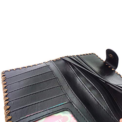 Skelapparel Divine Peacock Peacock Feather Embroidery Vegan Large Flat Wallet (Black)