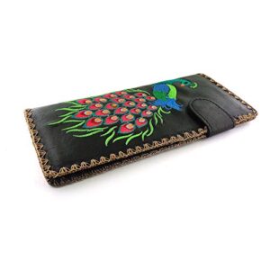 Skelapparel Divine Peacock Peacock Feather Embroidery Vegan Large Flat Wallet (Black)