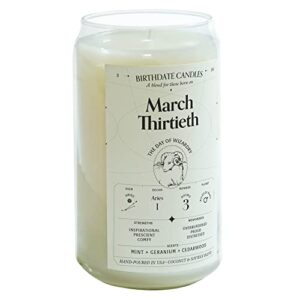 birthdate candles, march 30 – aries zodiac scented candles birthday gift – mint, geranium & cedarwood scent – all-natural soy & coconut wax, 60-80 hour burn time – made in usa