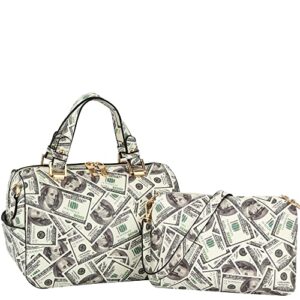womens girls hundred dollar bill money theme novelty satchel purse crossbody clutch shoulder bag (2-in-1 barrel satchel)