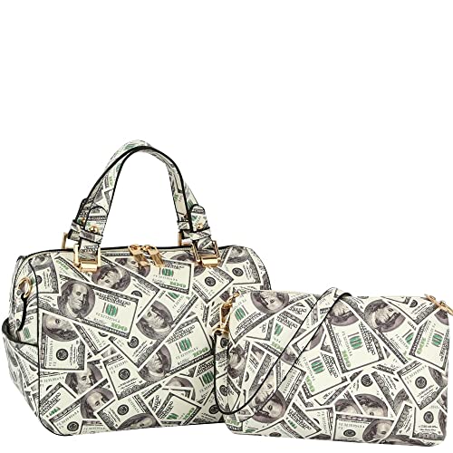 Womens Girls Hundred Dollar Bill Money Theme Novelty Satchel Purse Crossbody Clutch Shoulder Bag (2-in-1 Barrel Satchel)