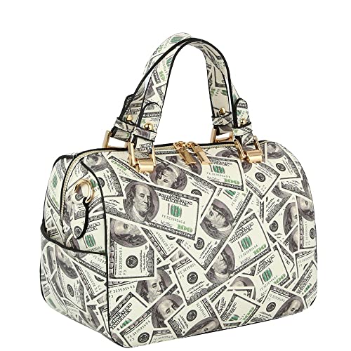 Womens Girls Hundred Dollar Bill Money Theme Novelty Satchel Purse Crossbody Clutch Shoulder Bag (2-in-1 Barrel Satchel)