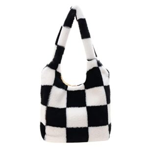 jqwsve fluffy tote bag furry shoulder bag for women black and white checkered bag large plush bag fluffy purse for autumn and winter