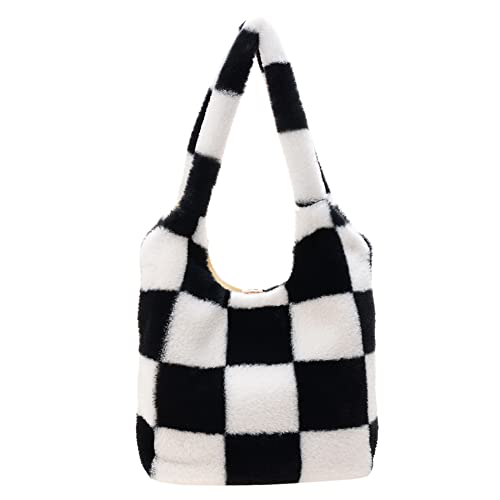 JQWSVE Fluffy Tote Bag Furry Shoulder Bag for Women Black and White Checkered Bag Large Plush Bag Fluffy Purse for Autumn and Winter