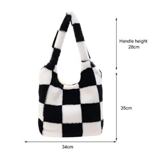 JQWSVE Fluffy Tote Bag Furry Shoulder Bag for Women Black and White Checkered Bag Large Plush Bag Fluffy Purse for Autumn and Winter