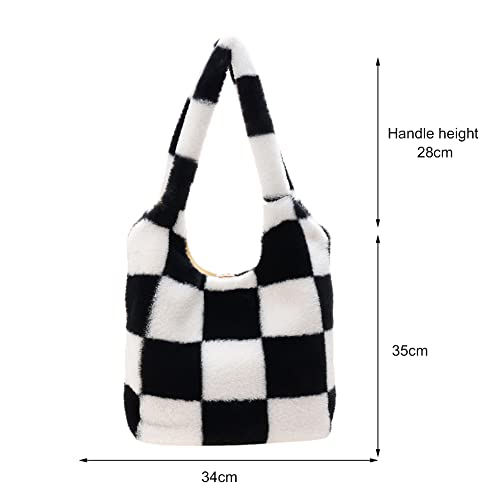 JQWSVE Fluffy Tote Bag Furry Shoulder Bag for Women Black and White Checkered Bag Large Plush Bag Fluffy Purse for Autumn and Winter