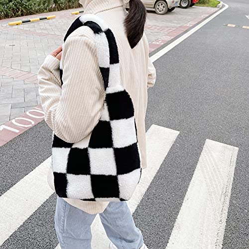 JQWSVE Fluffy Tote Bag Furry Shoulder Bag for Women Black and White Checkered Bag Large Plush Bag Fluffy Purse for Autumn and Winter