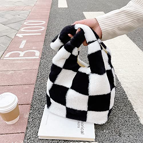 JQWSVE Fluffy Tote Bag Furry Shoulder Bag for Women Black and White Checkered Bag Large Plush Bag Fluffy Purse for Autumn and Winter
