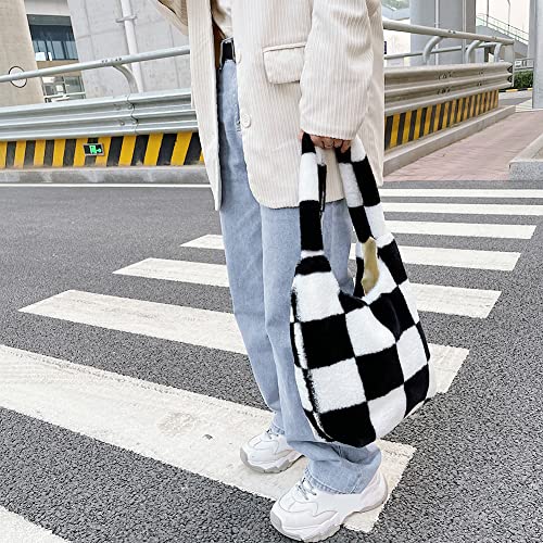 JQWSVE Fluffy Tote Bag Furry Shoulder Bag for Women Black and White Checkered Bag Large Plush Bag Fluffy Purse for Autumn and Winter