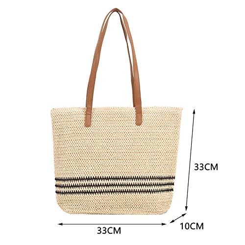 JQWSVE Straw Beach Bags Striped Tote for Women with Zipper Closure Soft Woven Straw Bag Summer Straw Shoulder Bag Purse for Beach Vacation