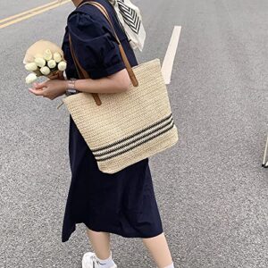 JQWSVE Straw Beach Bags Striped Tote for Women with Zipper Closure Soft Woven Straw Bag Summer Straw Shoulder Bag Purse for Beach Vacation