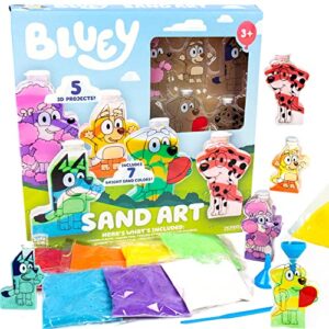 bluey sand art, includes 5 sand art bottles & 7 colored sands, features bluey & bingo, create your own sand art, diy sand art kit, bluey-themed art kit, fun art project for kids, gifts for kids