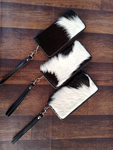 Womens Zipper Wristlet Cowhide Clutch - Black White Cow Hide Cow Skin Leather Hand Clutch Zip Phone Wallet Clutch Card Case 8' X 4' - Gift for her