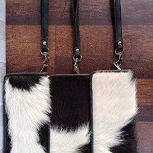 Womens Zipper Wristlet Cowhide Clutch - Black White Cow Hide Cow Skin Leather Hand Clutch Zip Phone Wallet Clutch Card Case 8' X 4' - Gift for her