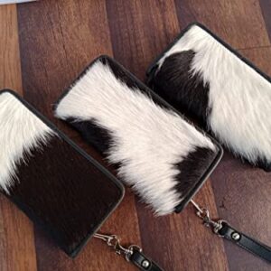 Womens Zipper Wristlet Cowhide Clutch - Black White Cow Hide Cow Skin Leather Hand Clutch Zip Phone Wallet Clutch Card Case 8' X 4' - Gift for her