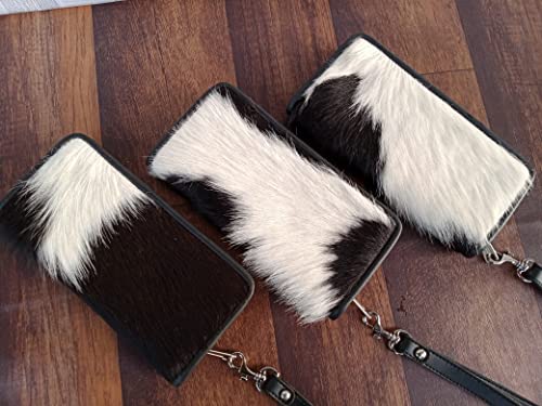 Womens Zipper Wristlet Cowhide Clutch - Black White Cow Hide Cow Skin Leather Hand Clutch Zip Phone Wallet Clutch Card Case 8' X 4' - Gift for her