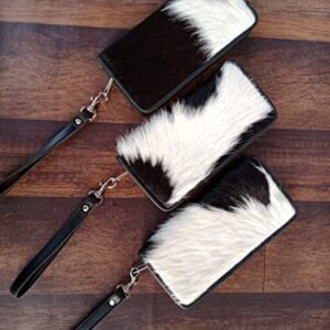 Womens Zipper Wristlet Cowhide Clutch - Black White Cow Hide Cow Skin Leather Hand Clutch Zip Phone Wallet Clutch Card Case 8' X 4' - Gift for her