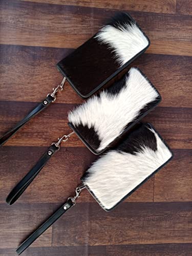 Womens Zipper Wristlet Cowhide Clutch - Black White Cow Hide Cow Skin Leather Hand Clutch Zip Phone Wallet Clutch Card Case 8' X 4' - Gift for her