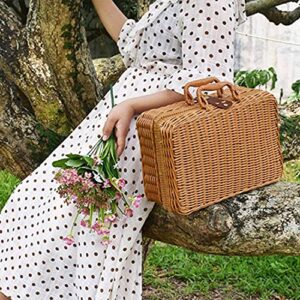 Jerome Picnic Basket,Woven Wicker Vintage Suitcase Woven Basket Rattan Case Picnic Weave Laundry Basket B