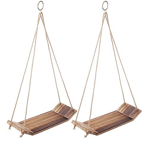 2 PCS Hanging Shelves for Wall, Wood Hanging Shelves for Wall, Cute Boho Room Rope Farmhouse Wooden Floating Small Bookshelves Decoration Wall Display Hanging Shelf for Living Room,Office, Bedroom