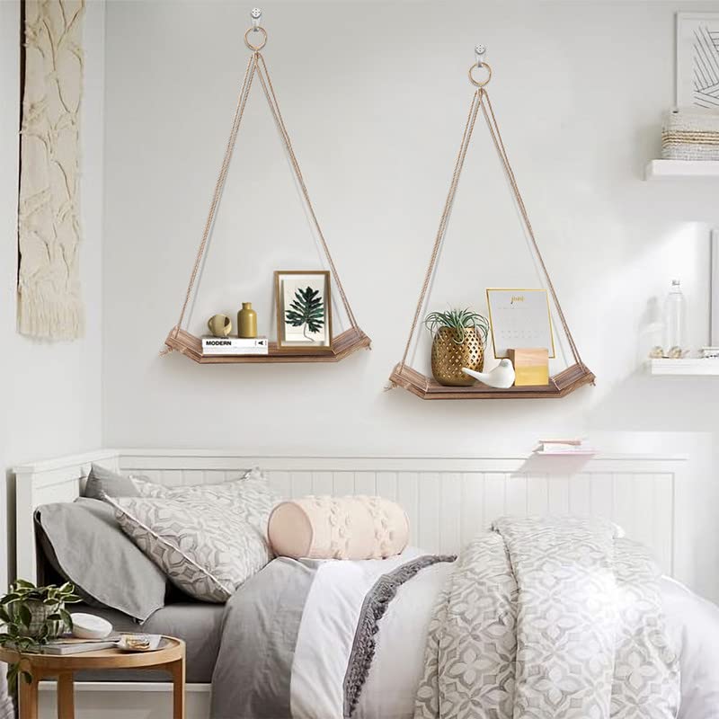 2 PCS Hanging Shelves for Wall, Wood Hanging Shelves for Wall, Cute Boho Room Rope Farmhouse Wooden Floating Small Bookshelves Decoration Wall Display Hanging Shelf for Living Room,Office, Bedroom