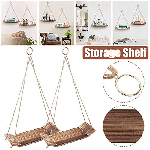 2 PCS Hanging Shelves for Wall, Wood Hanging Shelves for Wall, Cute Boho Room Rope Farmhouse Wooden Floating Small Bookshelves Decoration Wall Display Hanging Shelf for Living Room,Office, Bedroom