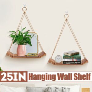 2 PCS Hanging Shelves for Wall, Wood Hanging Shelves for Wall, Cute Boho Room Rope Farmhouse Wooden Floating Small Bookshelves Decoration Wall Display Hanging Shelf for Living Room,Office, Bedroom