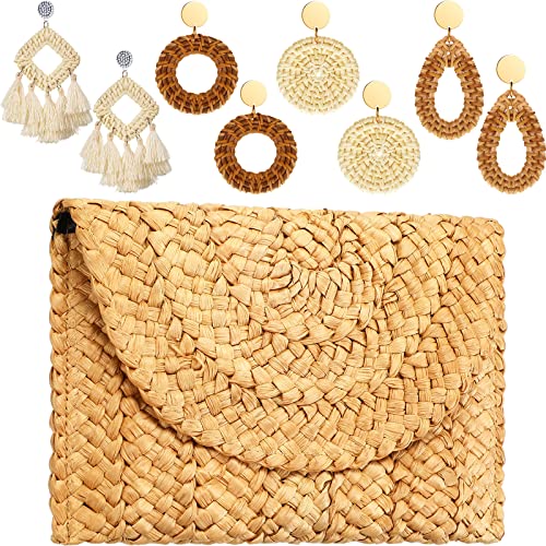 Saintrygo Women's Straw Clutch Purse and 4 Pairs Rattan Earrings Summer Beach Clutch Purse Handbag Straw Envelope Bag Wallet Woven Bag Geometric Tassel Woven Bohemian Earrings