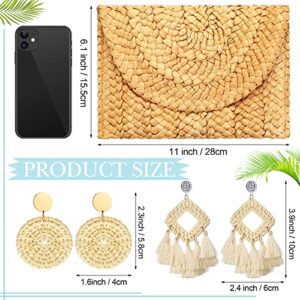 Saintrygo Women's Straw Clutch Purse and 4 Pairs Rattan Earrings Summer Beach Clutch Purse Handbag Straw Envelope Bag Wallet Woven Bag Geometric Tassel Woven Bohemian Earrings